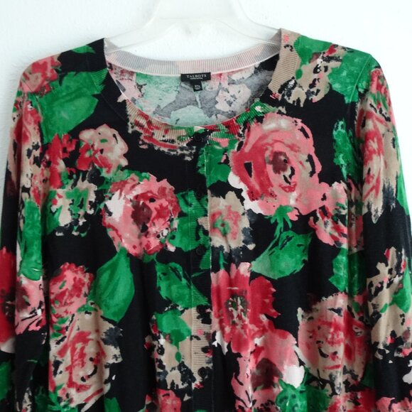 Talbots Floral Print Cardigan Sweater Women's Petite Plus Size 2X Black Pink - Picture 2 of 6